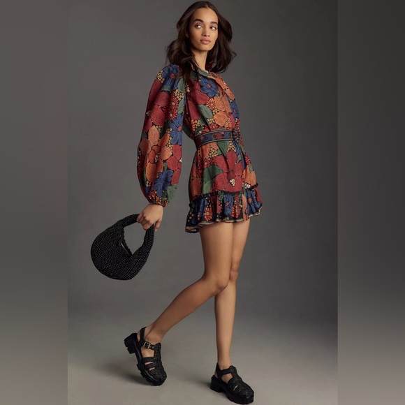 FARM Rio Dresses & Skirts - Anthropologie Farm Rio Long-Sleeve Stitched Flowers Mini Dress
